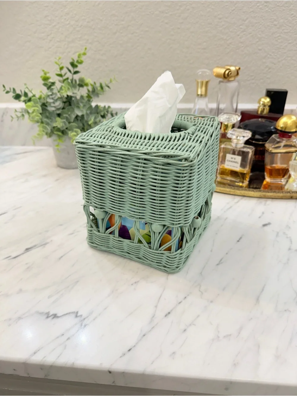 Vintage 1970s Mint Wicker Tissue Box Cover – Boho Handwoven